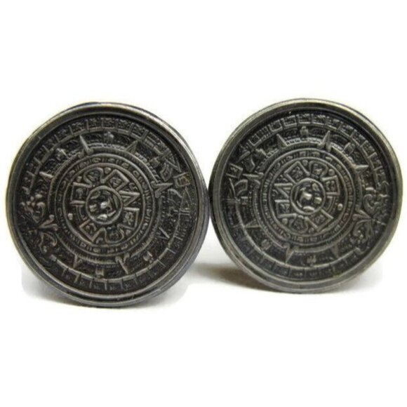 Vintage 925 Hecho en Mexico Mayan Calendar Cuff Link Shirt Tux Cufflinks ECHI - Picture 1 of 10